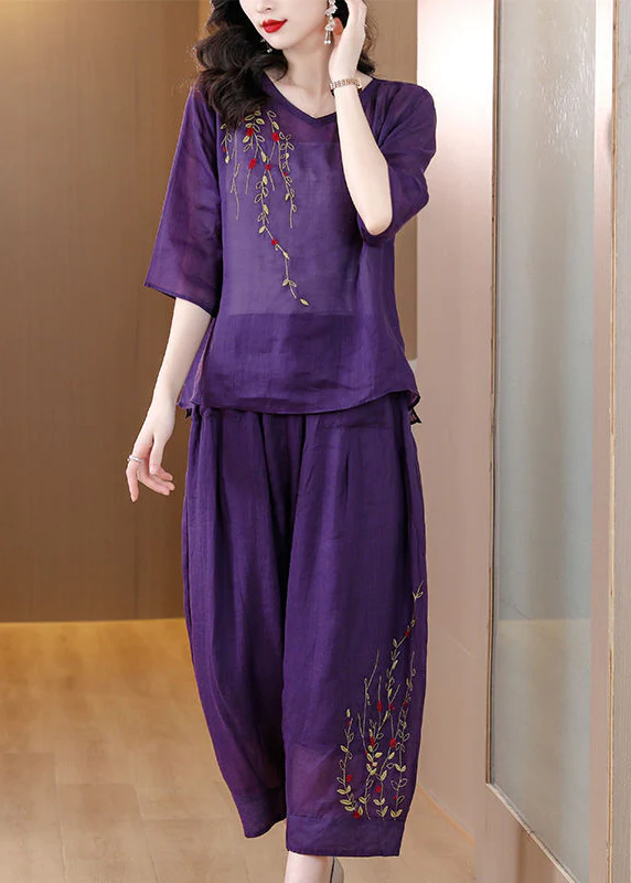 Loose Linen Two Piece Suit Set Embroidered Half Sleeve