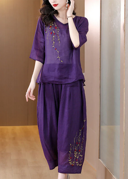 Loose Linen Two Piece Suit Set Embroidered Half Sleeve