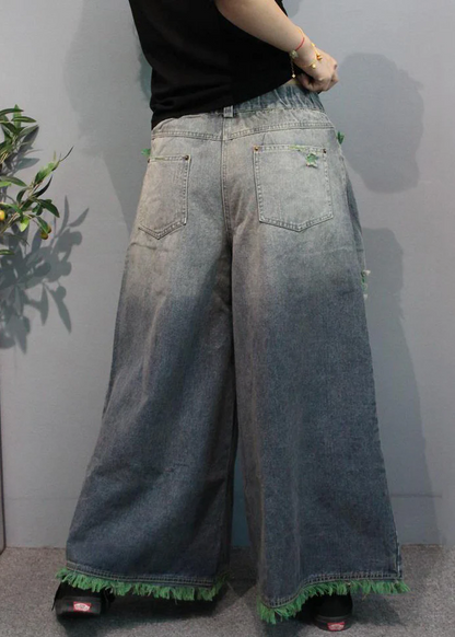 Fashion Pocket High Waist Spliced Denim Wide Leg Pants