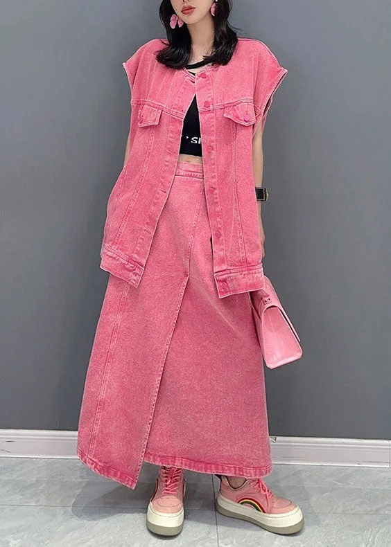 Women's Pink Vest and Skirt Denim Two-Piece Outfit