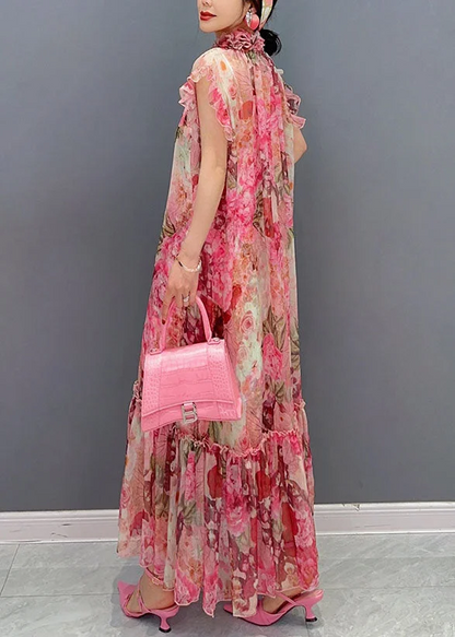 French Pink Ruffle Embellished Printed Chiffon Two Piece Dress