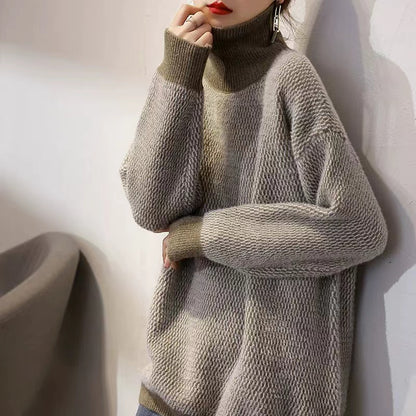 High Collar Colour Clash Thickened Bottom Sweater Top