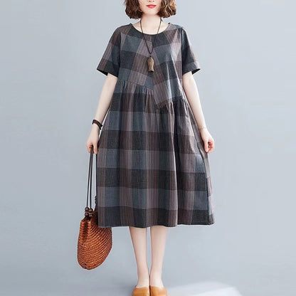 Fashion O Neck Plaid Long Dress Cotton Linen