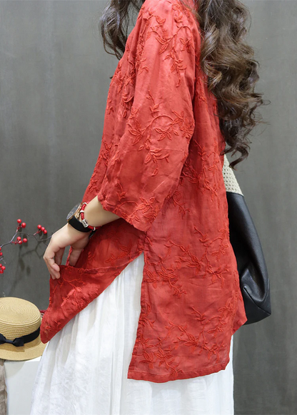 Loose V-Neck Embroidered Linen Long Shirt Top