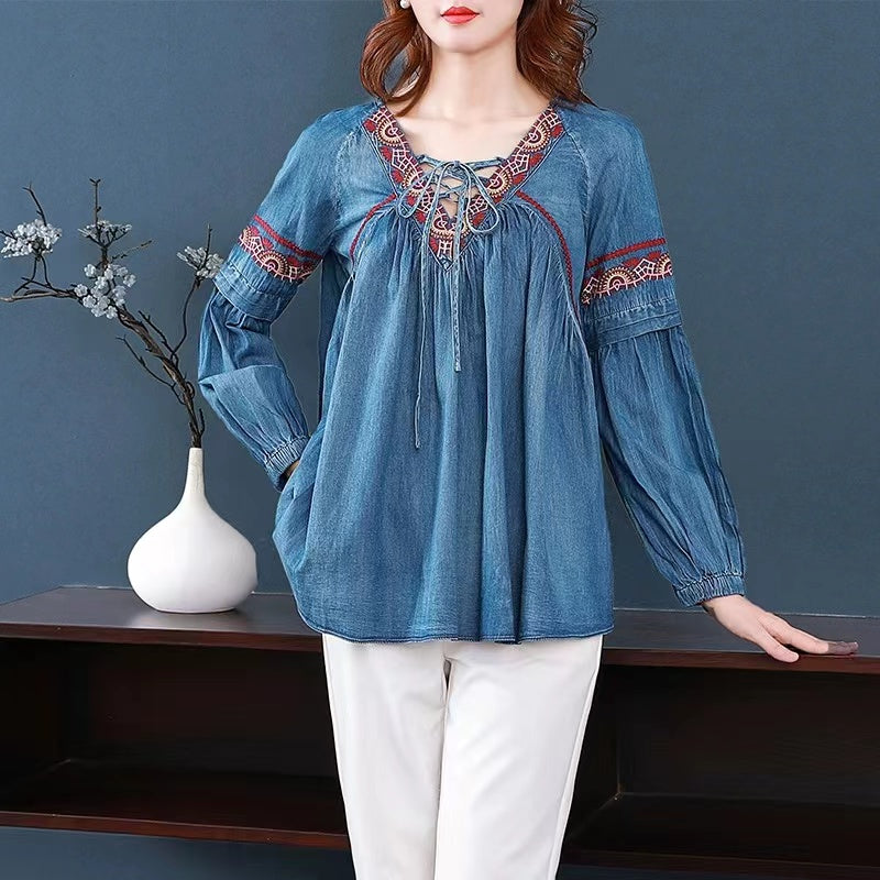 Loose Embroidered Geometric Tie Long Sleeve Denim Top