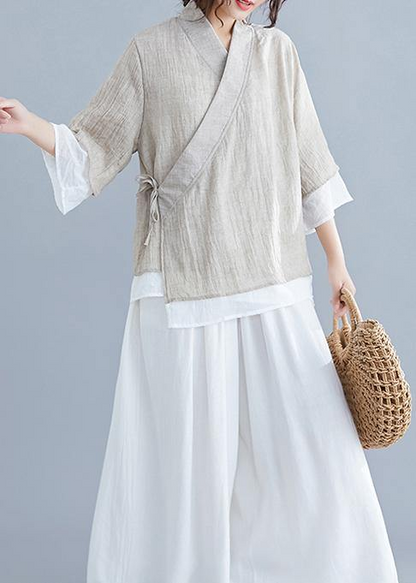 Women's V-neck Gray Half-sleeve Cotton Linen Clothes Women's Shirt Spring