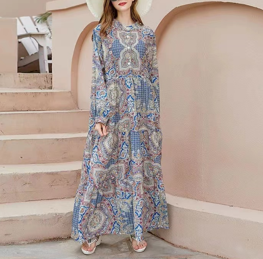 French Geometric Print Lapel Long Sleeve Long Dress