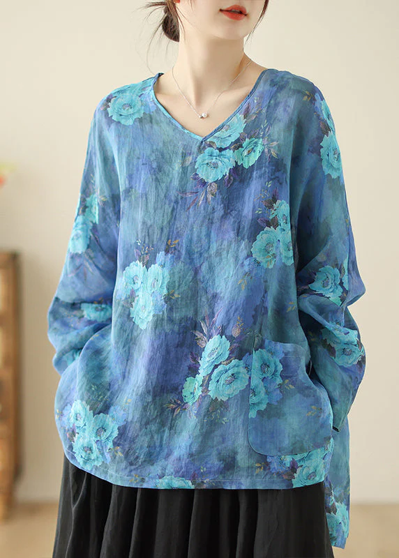 Chinese Blue Plus Size Flower Linen Shirt Long Sleeve Blouse Spring