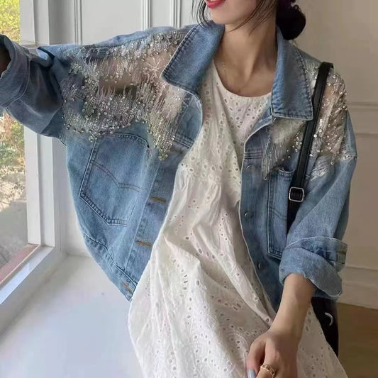 Casual Thin Mesh Spliced Denim Jacket Top