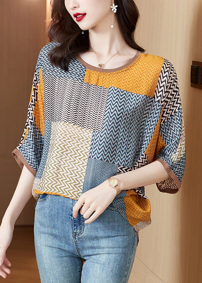 Casual O Neck Printed Patchwork Silk Half Sleeve Top