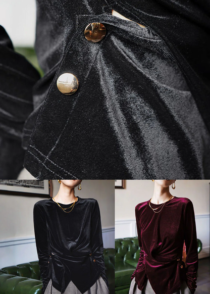 Elegant velvet blouse with asymmetric buttons long sleeves