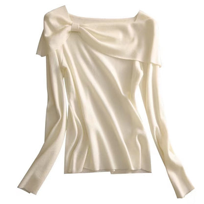 Elegant White Square Neck Bow Knit Top