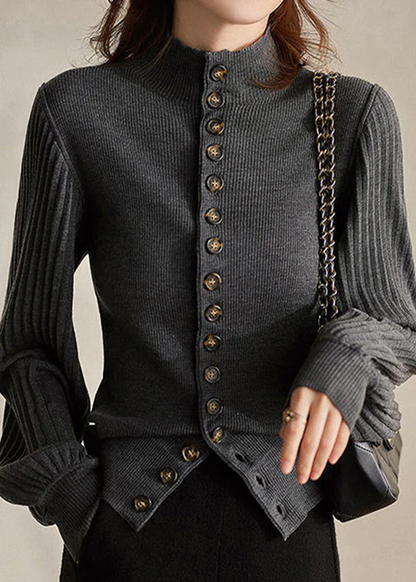 Elegant Collar Button Knit Lantern Sleeve Sweater Top