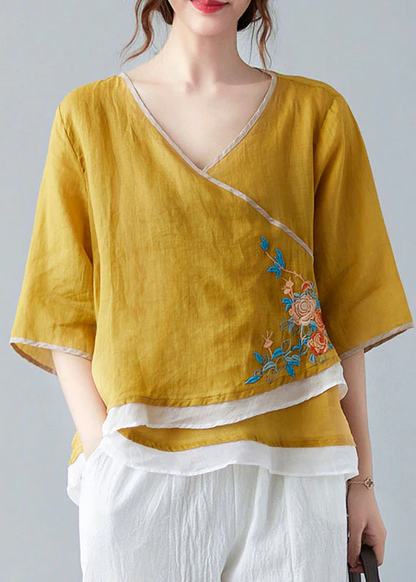 Italian Colorblock Yellow V-Neck Asymmetric Short Sleeve Shirt Spring