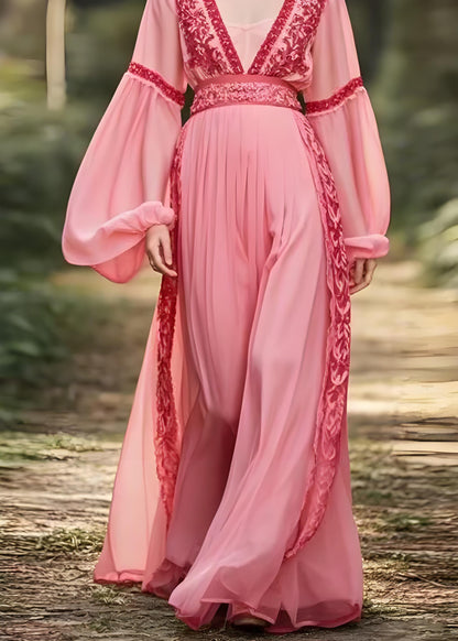 Women's Original Design Pink V-Neck Patchwork Lantern Sleeve Long Dress