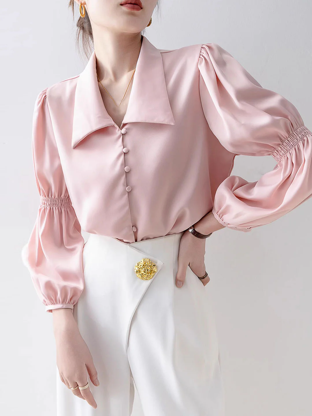 Elegant Lantern Sleeve Long Sleeve Lapel Blouse Top