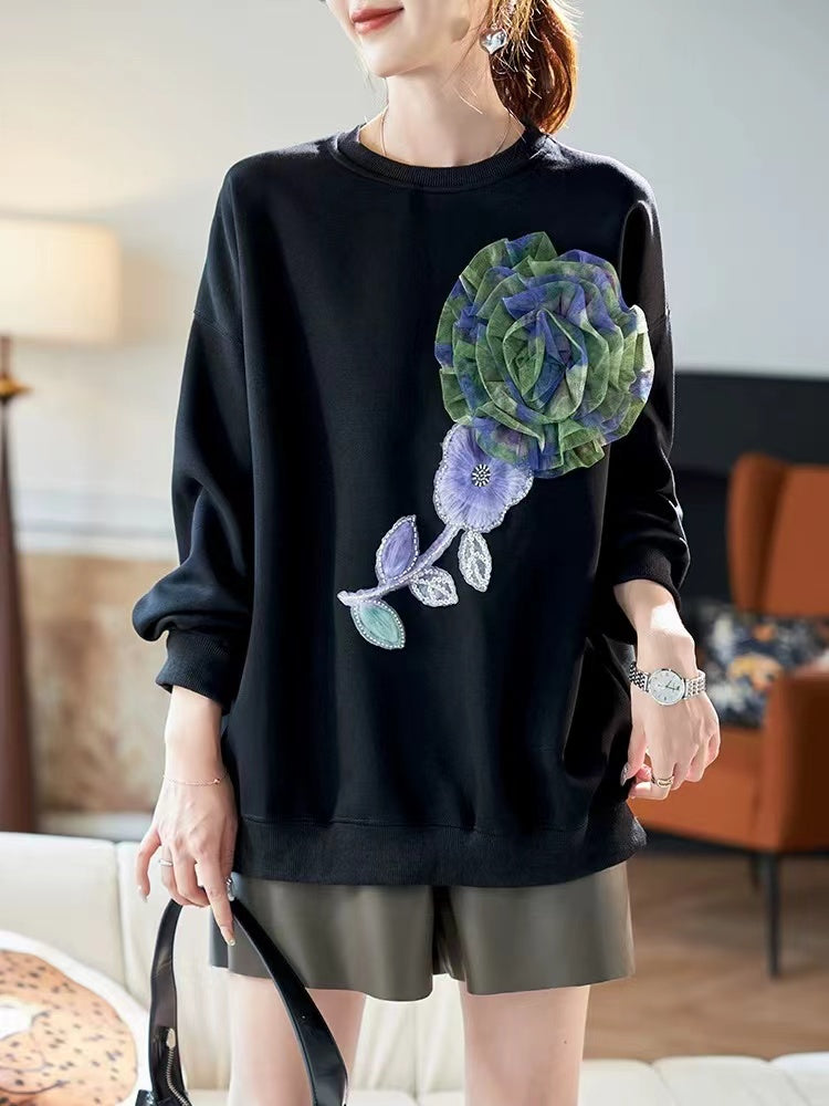 Loose Mesh Beaded Patchwork Round Neck Long Sleeve Sweatshirt