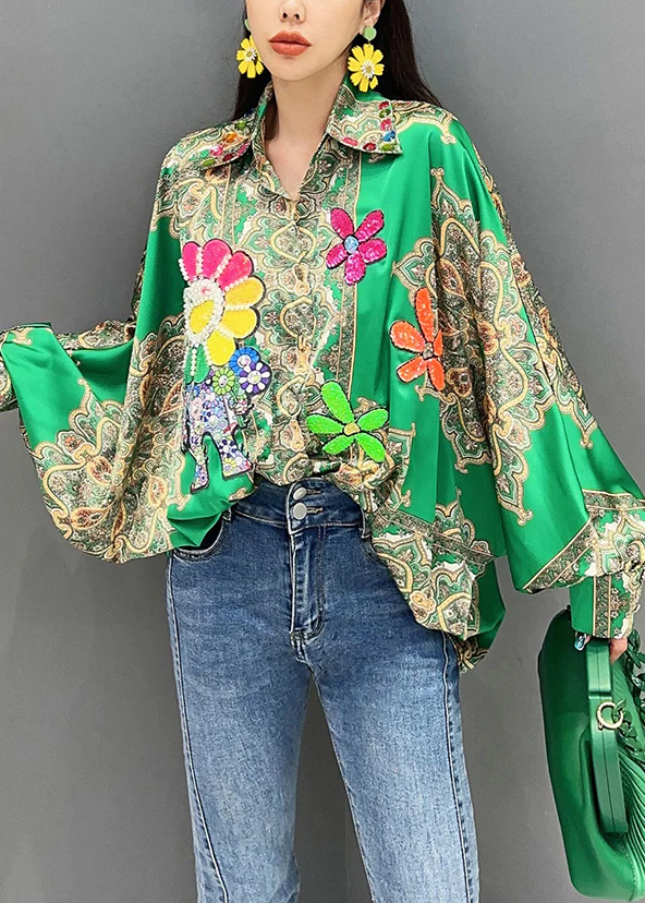 Fashion Green Nail Bead Print Patchwork Silk Blouse Batwing Sleeve Top