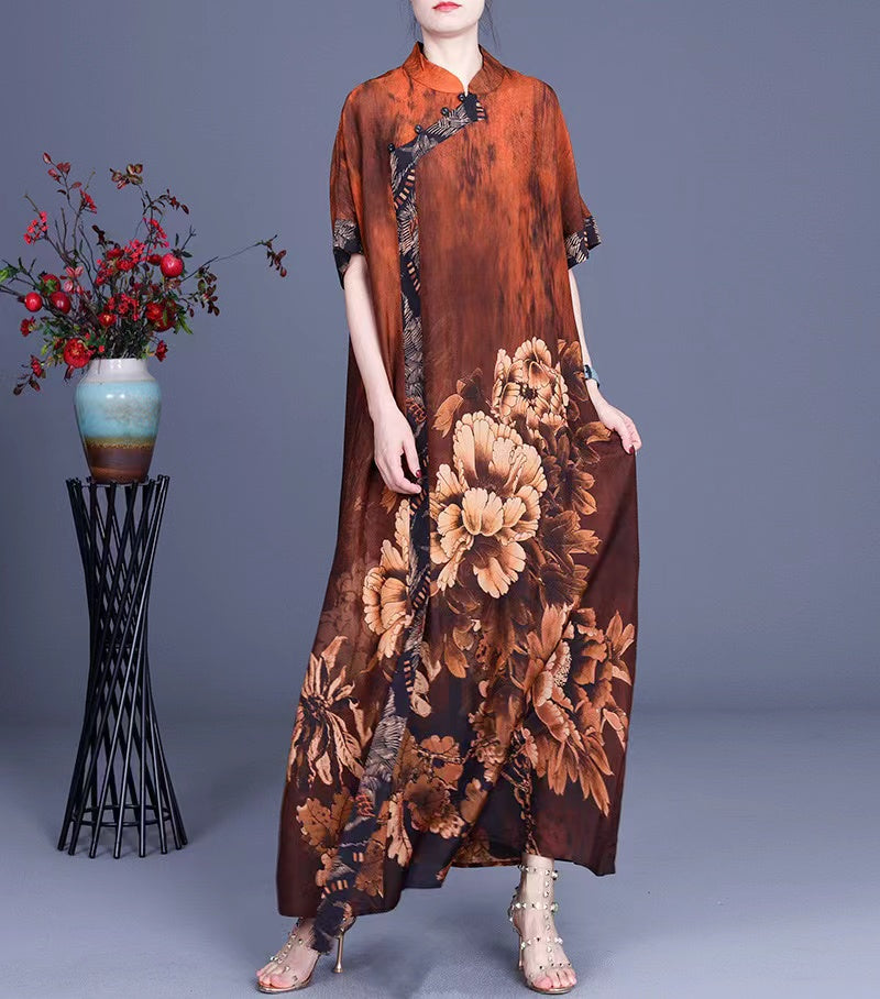 Elegant Printed Silk Half Sleeve Asymmetric Long Dress (Limited Stock)