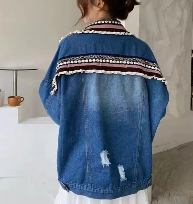 Stylish wood earring knit quilted geometric denim jacket