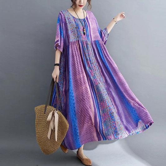 Loose Round Neck Printed Short Sleeve Long Dresses