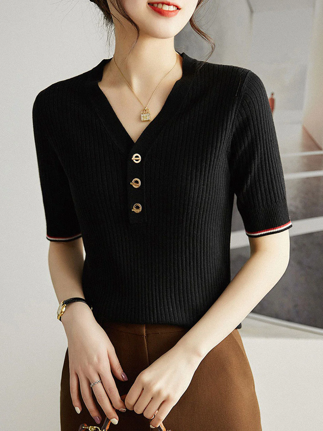 French V-Neck Striped Knit Shirt Short Sleeve Top