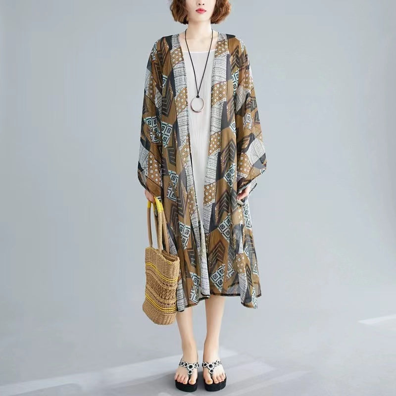 Plus Size Printed Beach Sun Screen Long Cardigan Jacket