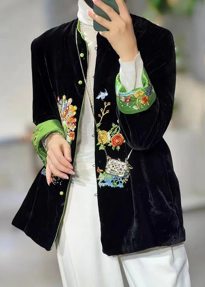 Chinese Style Standing Collar Embroidered Patchwork Velvet Jacket