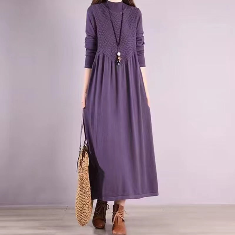 Loose Bohemian Purple High Neck Patchwork Solid Color Wool Knit Sweater Dress Long Sleeve