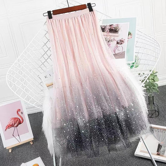 Elegant Gradient Pleated Mesh Pleated Skirt