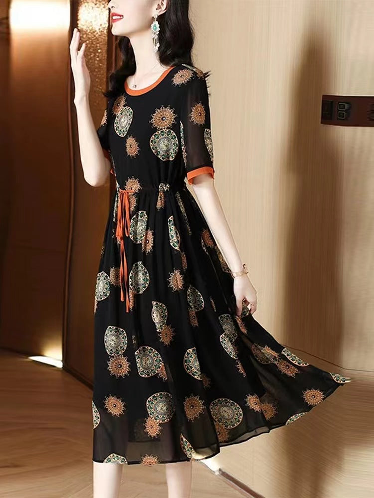 Women's Tightening Printed Chiffon Long Dresses