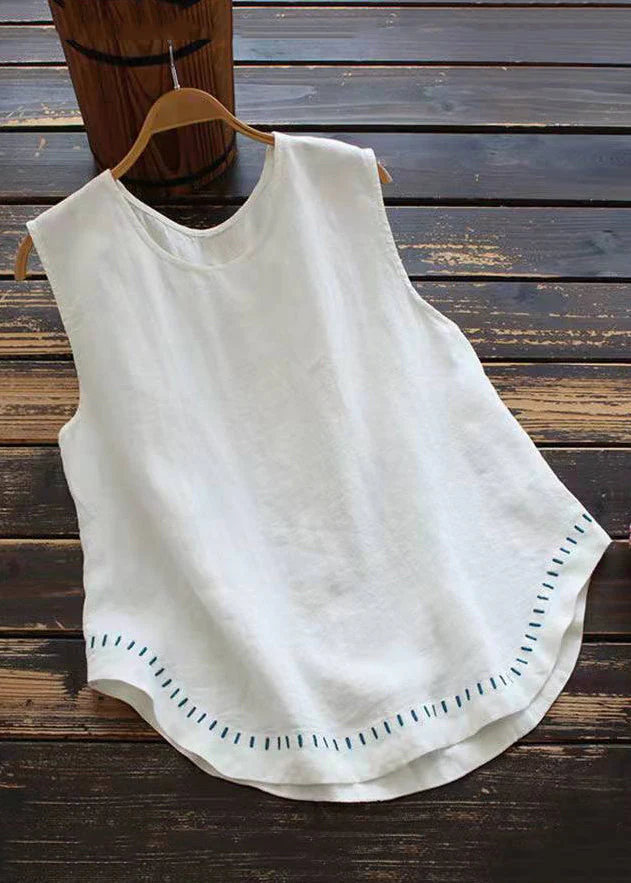 Women's White O Neck Cotton Sleeveless Tank Top Summer