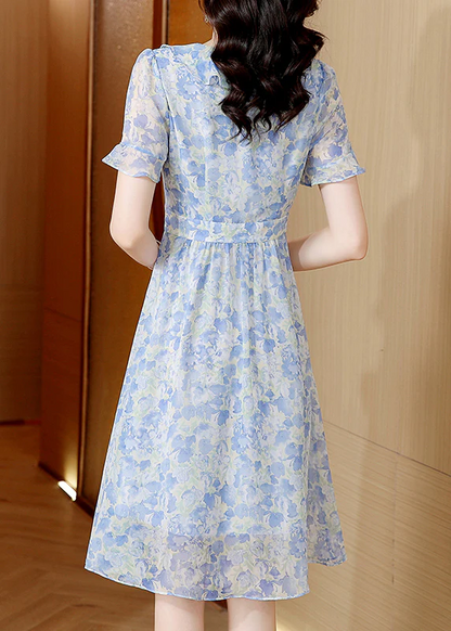 Elegant V-Neck Ruffle Print Short Sleeve Dress