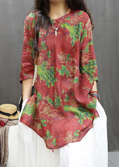 Loose Printed Side Split Cotton Blouse Top