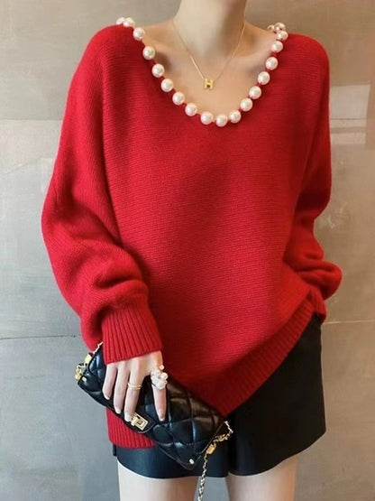 Handmade V-neck beaded thick knit sweater