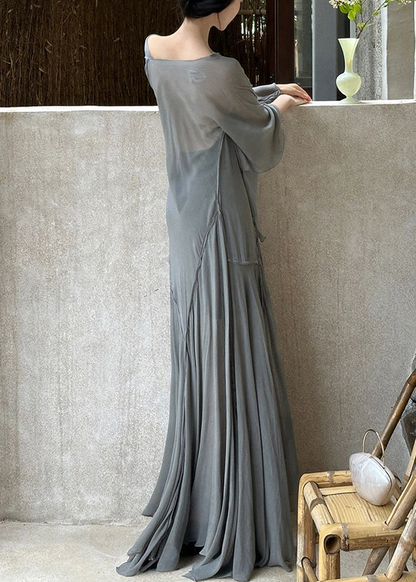 French V-neck crinkled cotton long-sleeve asymmetric dress