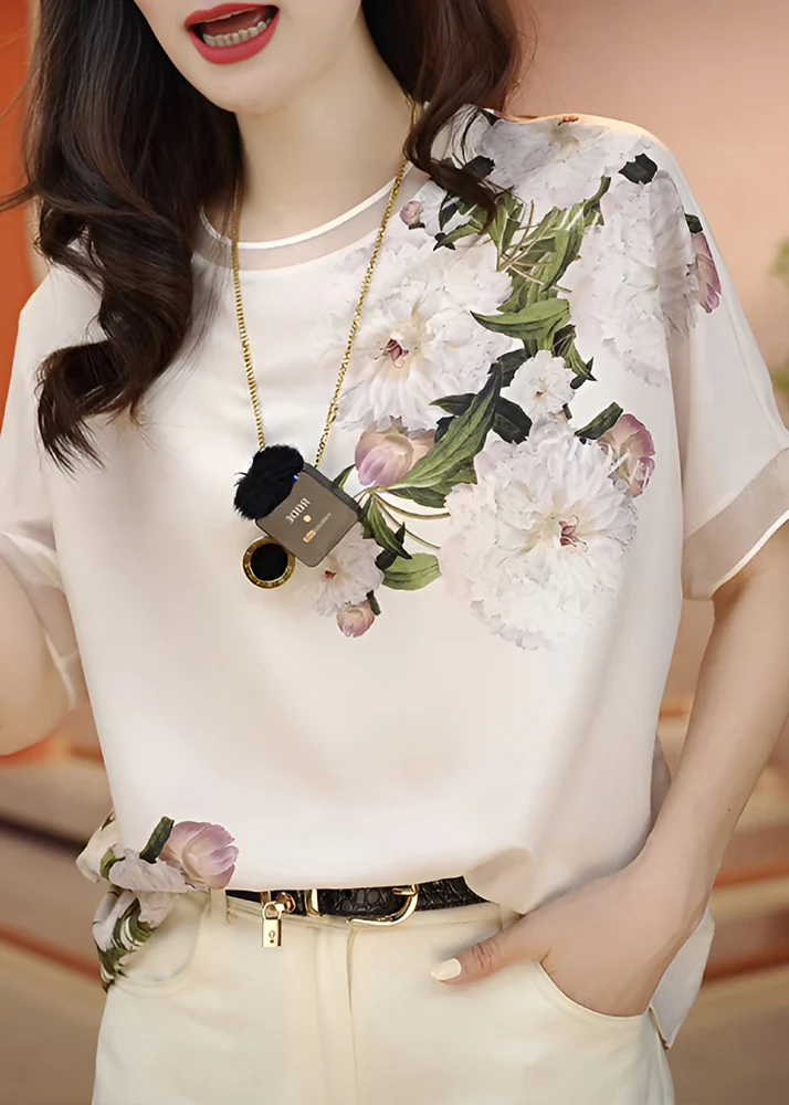 Round Neck Printed Chiffon Blouse Top