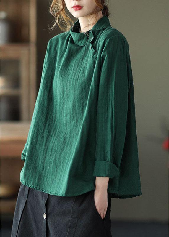 Women's Plus Size Green Peter Pan Collar Button Asymmetric Long Sleeve Top Spring