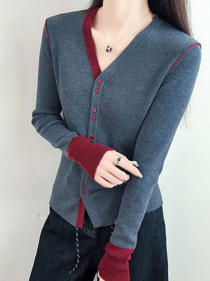 Women's V-Neck Colorblocked Knit Cardigan Long Sleeve Spring