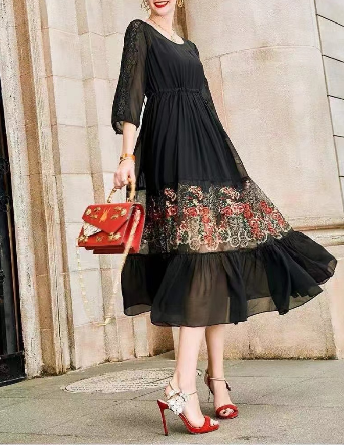 French Embroidery Patchwork Short Sleeve Beach Length Dress