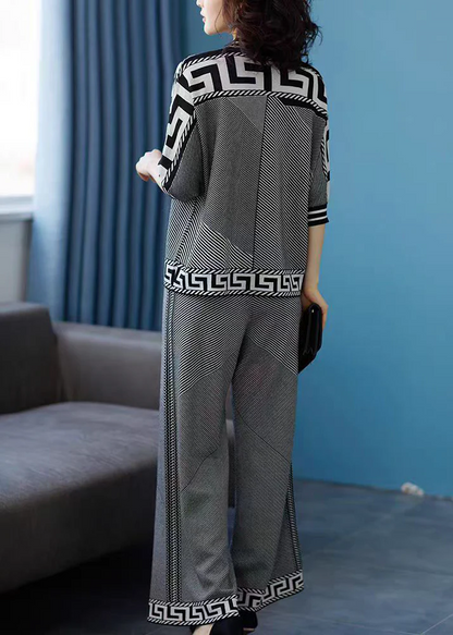 Women's Gray Top and Pants Striped Knit Two-Piece Set Spring