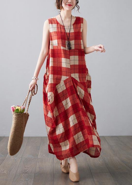 Casual Red Plaid Sleeveless Pocket Dress