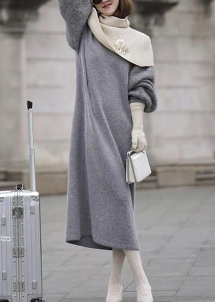 Women's Elegant O Neck Wool Dress Lantern Sleeve Sweater