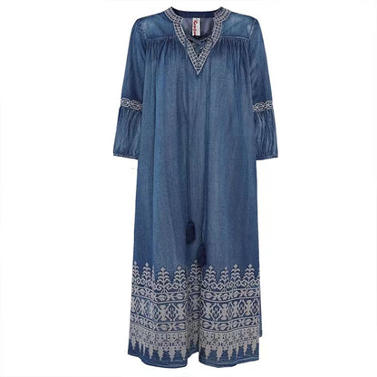 French V-Neck B Tie Patchwork Embroidered Denim Dress