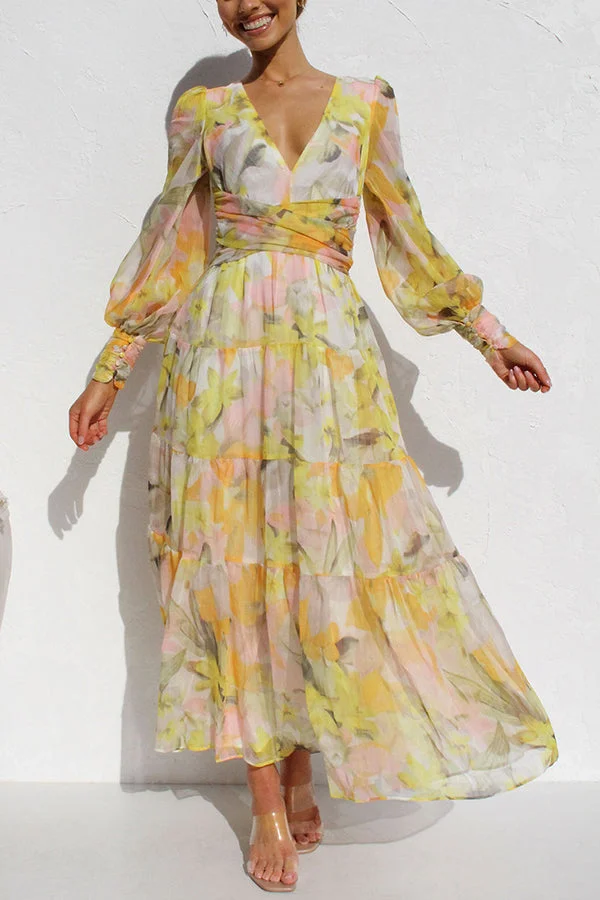 Elegant Abstract Floral Lantern Sleeve Extra Long Dress