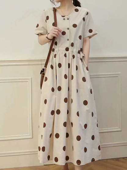 Women's Printed Dot Skinny Waist Tie Short Sleeve Long Dresses