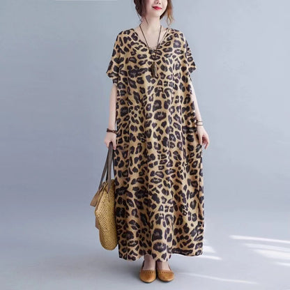 Plus Size Loose V-Neck Leopard Print Dress