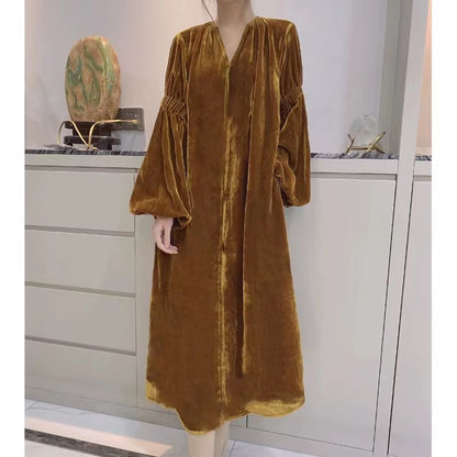 French Yellow V-Neck Bubble Sleeve Pocket Velvet Dress