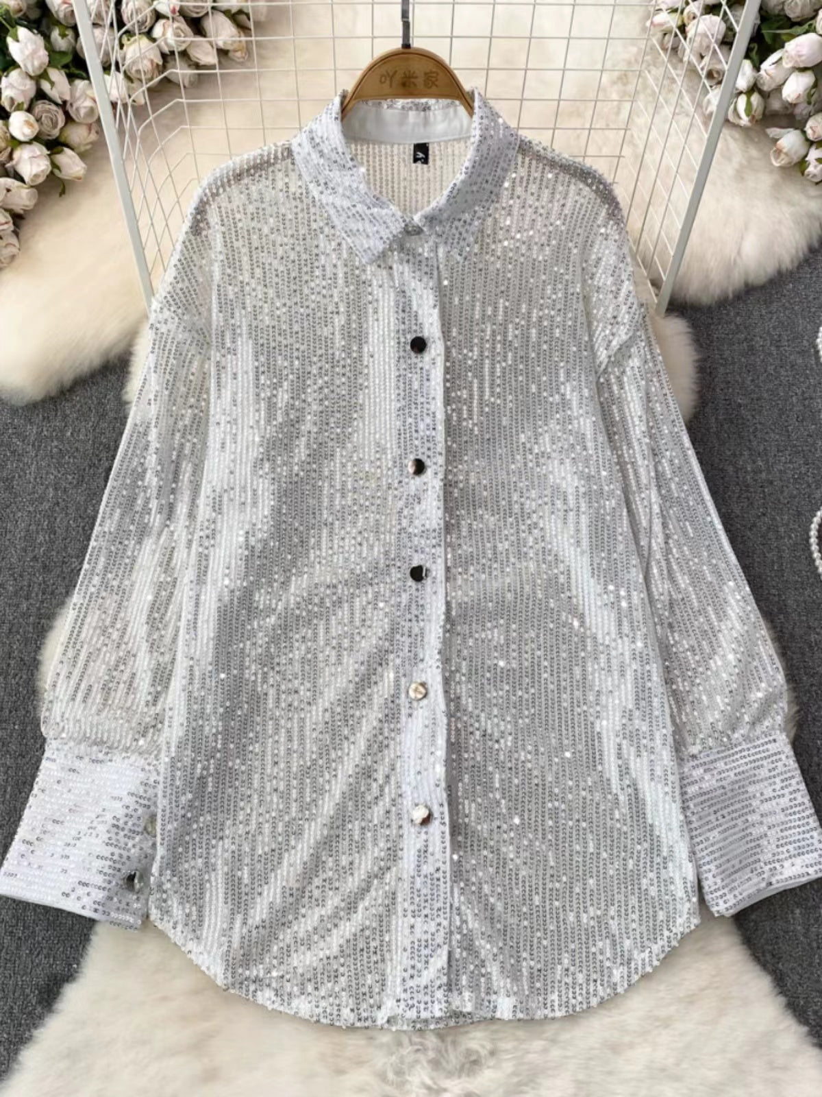 Fashion Glitter Sequins Lapel Cardigan Long Sleeve Shirt Top