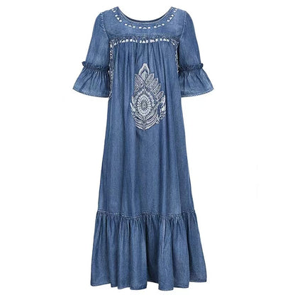 O Neck Embroidered Denim Short Sleeve Dress